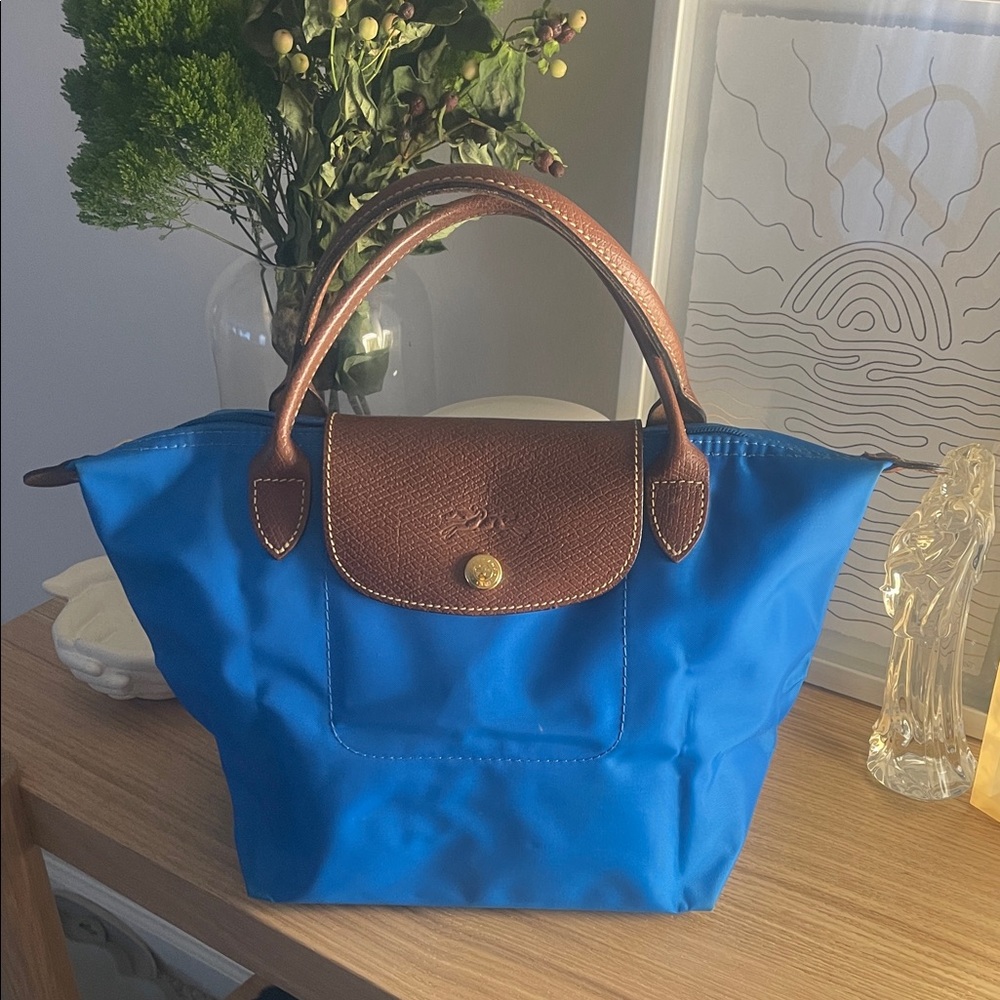 Longchamp Blue Tote with Brown Leather Trim